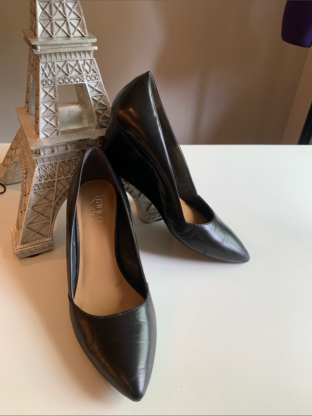 Franco Sarto Black Pointed Leather Wedge Pumps